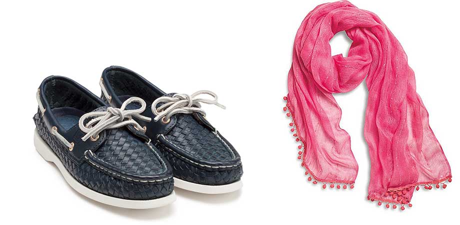 Navy boat shoes, pink scarf